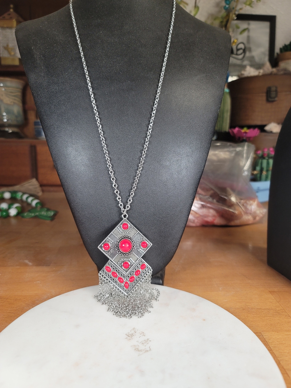 paparazzi Silver-Tone Geometric Pendant Necklace with Red Accents